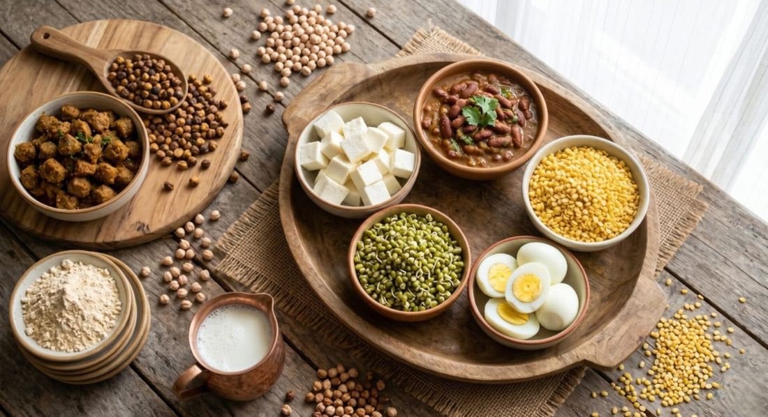 Top Indian protein foods including soya chunks, paneer, moong dal, rajma and eggs ranked by protein content