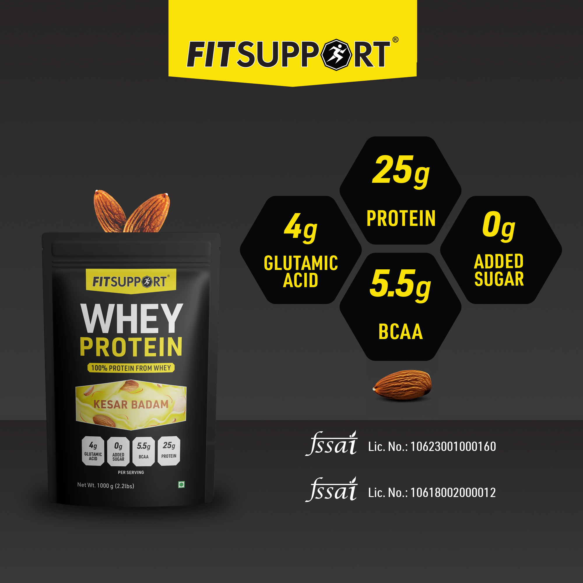 Kesar Badam Whey Protein Powder | High Protein Supplement for Muscle Growth & Recovery | Premium Saffron Almond Flavor | No Added Sugar | Gym & Fitness Nutrition (1+1kg)